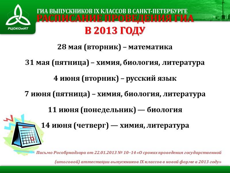 РАСПИСАНИЕ ПРОВЕДЕНИЯ ГИА В 2013 ГОДУ  28 мая (вторник) – математика 31 мая